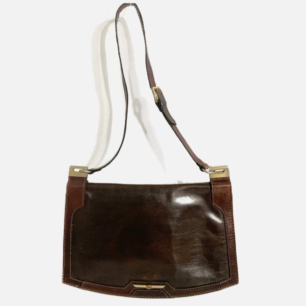 Vintage Diva Italian Two-toned Leather Shoulder Handbag Brass Toned Hardware